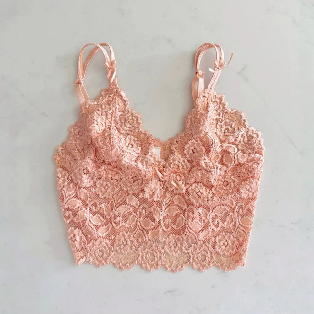 Cabernet Coral Pink Lace Bralette Top, Ribbon Bow & Adjustable Straps sz. S